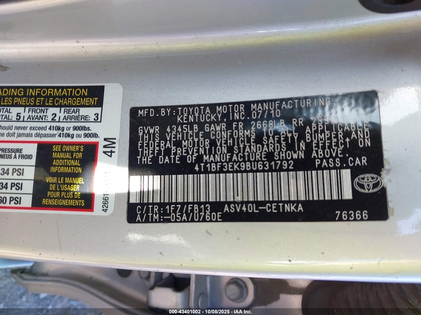 2011 Toyota Camry Le VIN: 4T1BF3EK9BU631792 Lot: 43401002