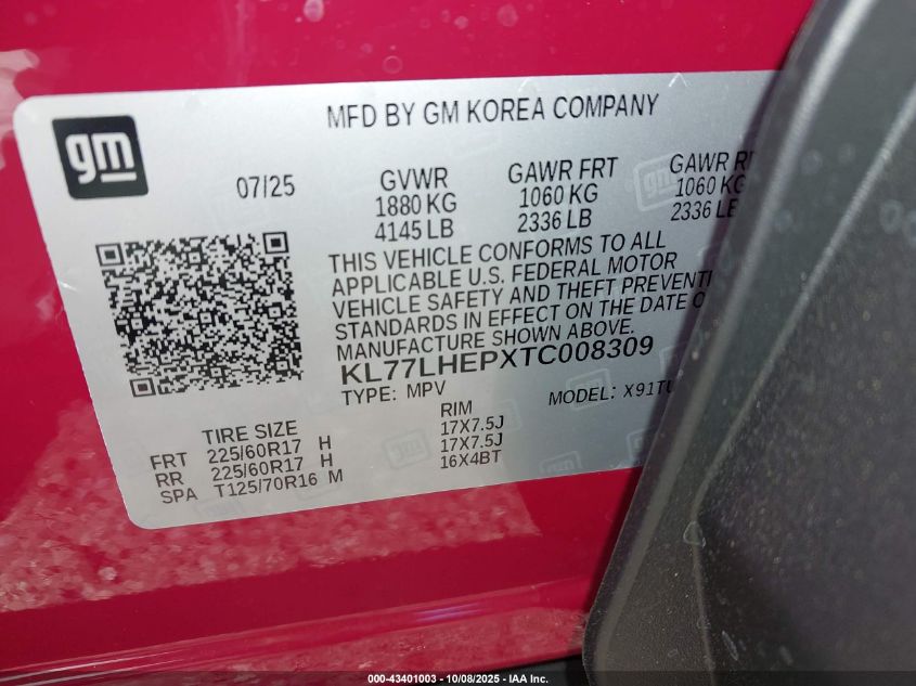 2026 Chevrolet Trax Fwd Lt VIN: KL77LHEPXTC008309 Lot: 43401003