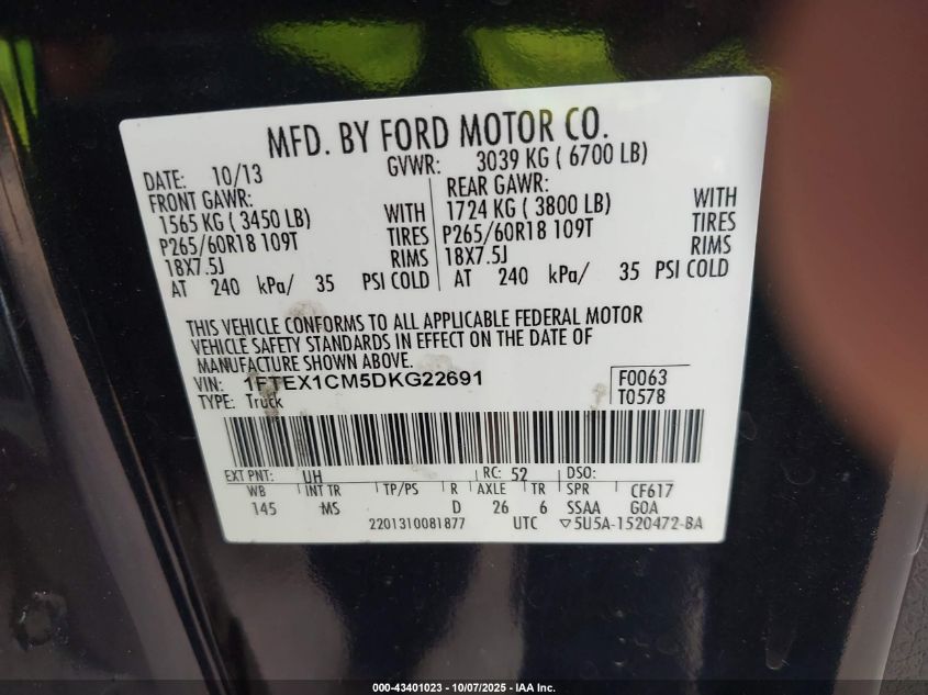 2013 Ford F-150 Xlt VIN: 1FTEX1CM5DKG22691 Lot: 43401023