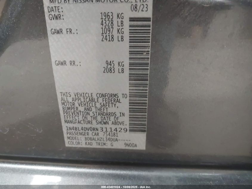 2024 Nissan Altima Sv Fwd VIN: 1N4BL4DV0RN311429 Lot: 43401024