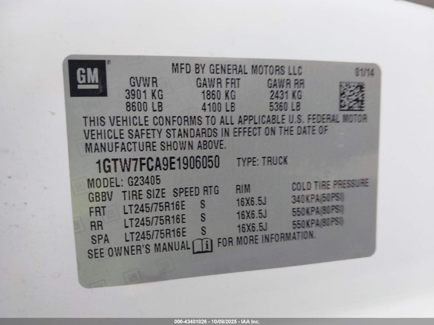 2014 GMC Savana 2500 Work Van VIN: 1GTW7FCA9E1906050 Lot: 43401026
