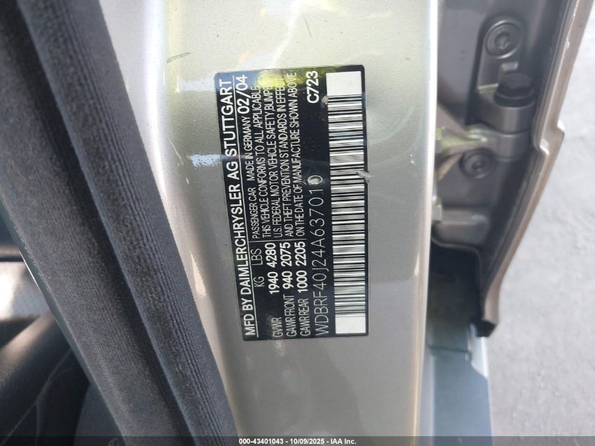 2004 Mercedes-Benz C 230 Kompressor Sport/Sport VIN: WDBRF40J24A637010 Lot: 43401043