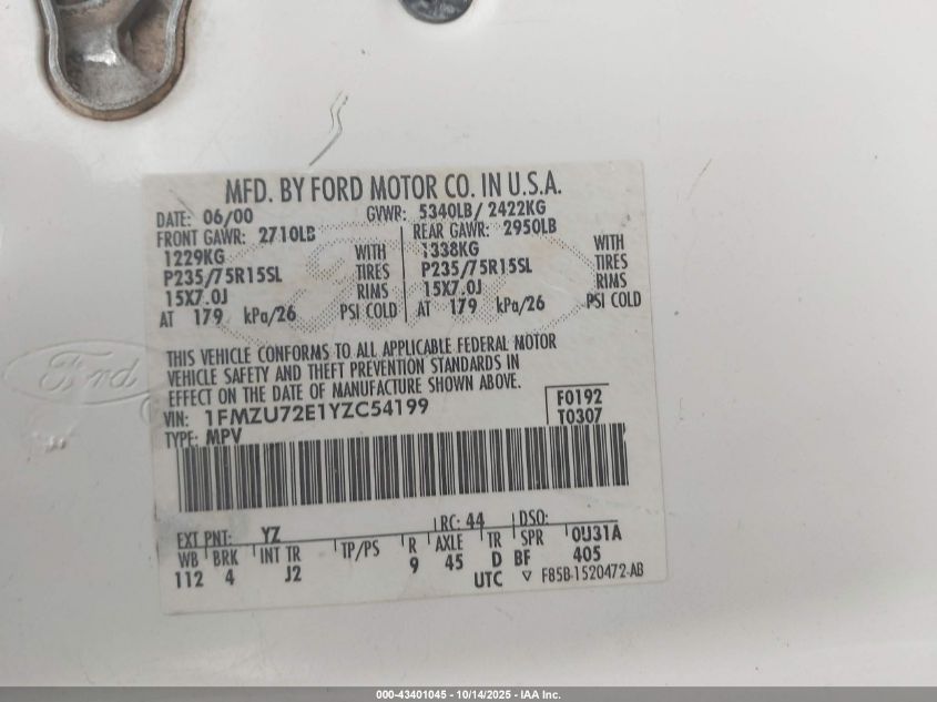2000 Ford Explorer Xls VIN: 1FMZU72E1YZC54199 Lot: 43401045
