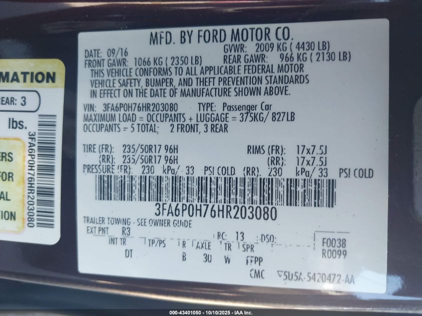 2017 Ford Fusion Se VIN: 3FA6P0H76HR203080 Lot: 43401050