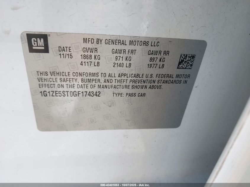 2016 Chevrolet Malibu 1Lt VIN: 1G1ZE5ST0GF174342 Lot: 43401053