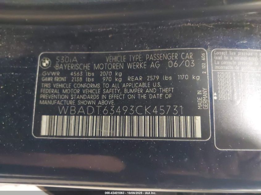 2003 BMW 530Ia VIN: WBADT63493CK45731 Lot: 43401063