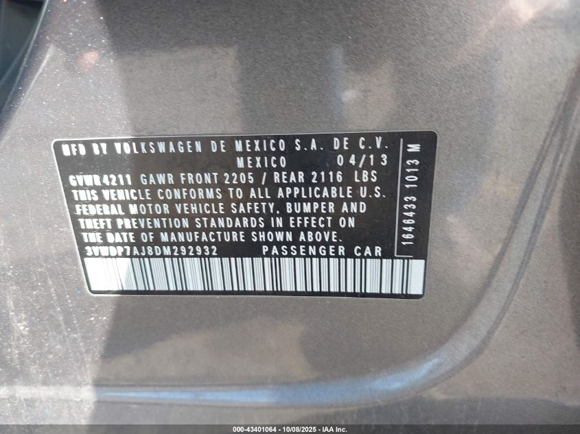 2013 Volkswagen Jetta 2.5L Se VIN: 3VWDP7AJ8DM292932 Lot: 43401064