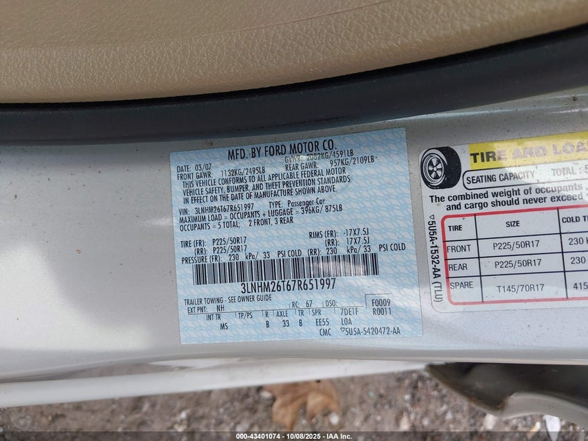 2007 Lincoln Mkz VIN: 3LNHM26T67R651997 Lot: 43401074