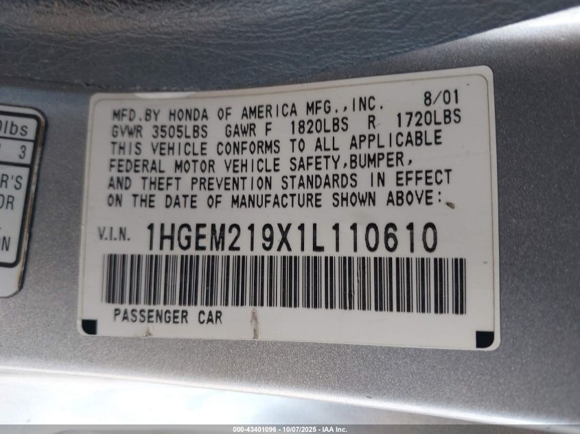 2001 Honda Civic Ex VIN: 1HGEM219X1L110610 Lot: 43401096
