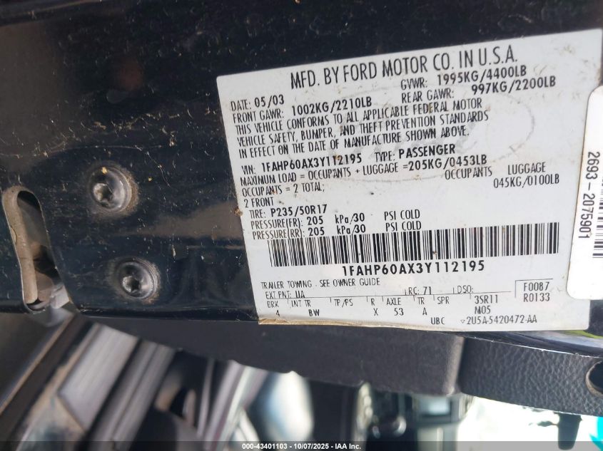 2003 Ford Thunderbird VIN: 1FAHP60AX3Y112195 Lot: 43401103