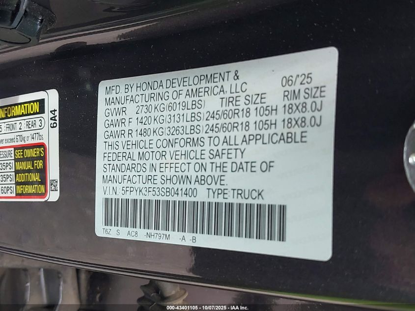 2025 Honda Ridgeline Rtl VIN: 5FPYK3F53SB041400 Lot: 43401105