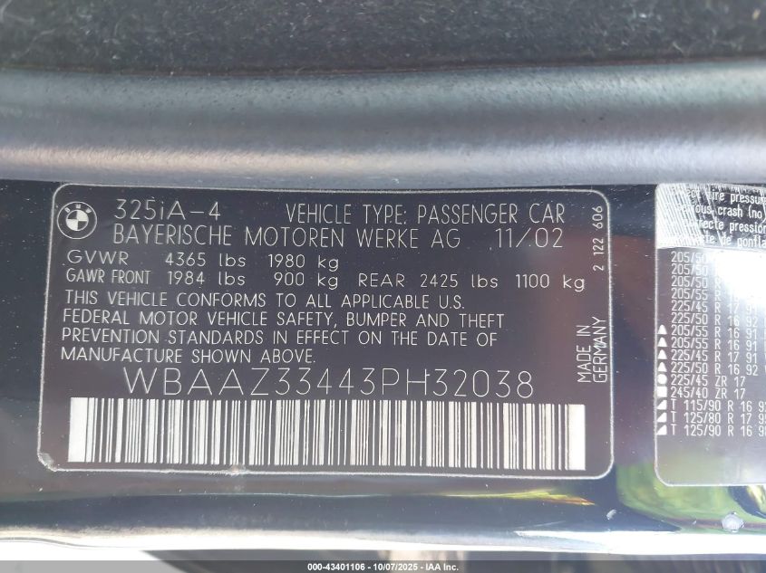 2003 BMW 3 Series VIN: WBAAZ33443PH32038 Lot: 43401106