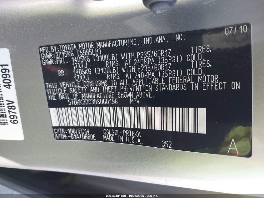 2011 Toyota Sienna Le V6 VIN: 5TDKK3DC3BS060198 Lot: 43401109