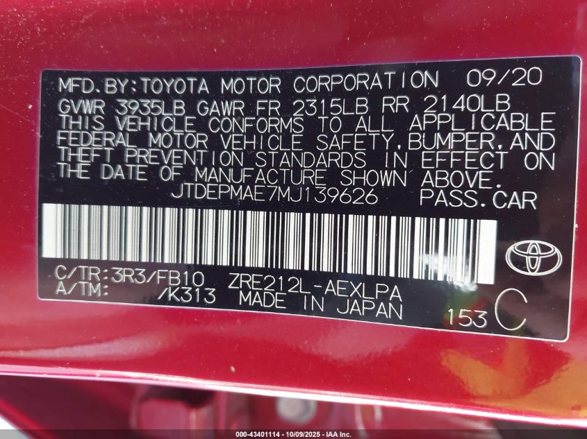 2021 Toyota Corolla Le VIN: JTDEPMAE7MJ139626 Lot: 43401114