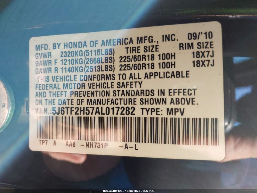 2010 Honda Accord Crosstour Ex-L VIN: 5J6TF2H57AL017282 Lot: 43401123