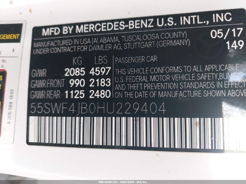 2017 Mercedes-Benz C VIN: 055SWF4JB0HU22940 Lot: 43401133