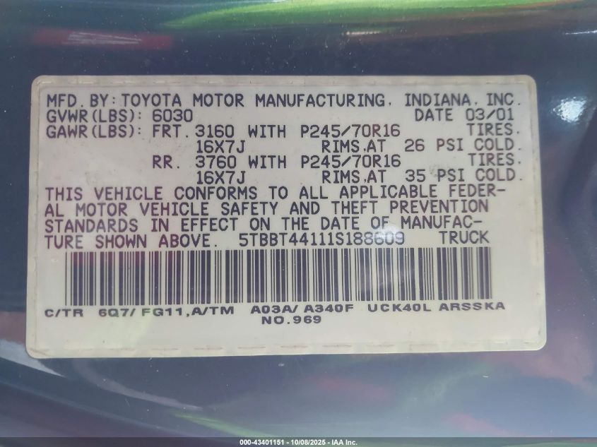 2001 Toyota Tundra Sr5 V8 VIN: 5TBBT44111S188609 Lot: 43401151