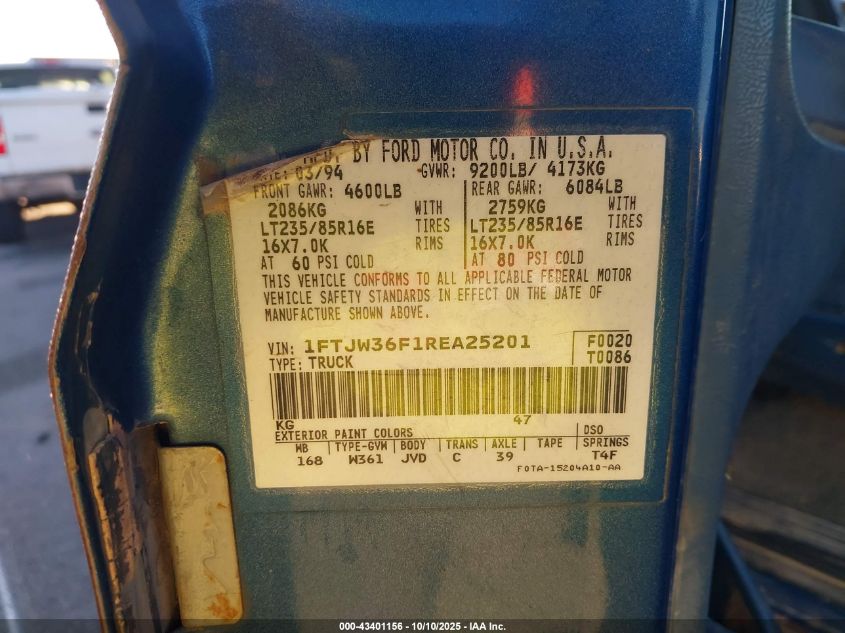 1994 Ford F350 VIN: 1FTJW36F1REA25201 Lot: 43401156