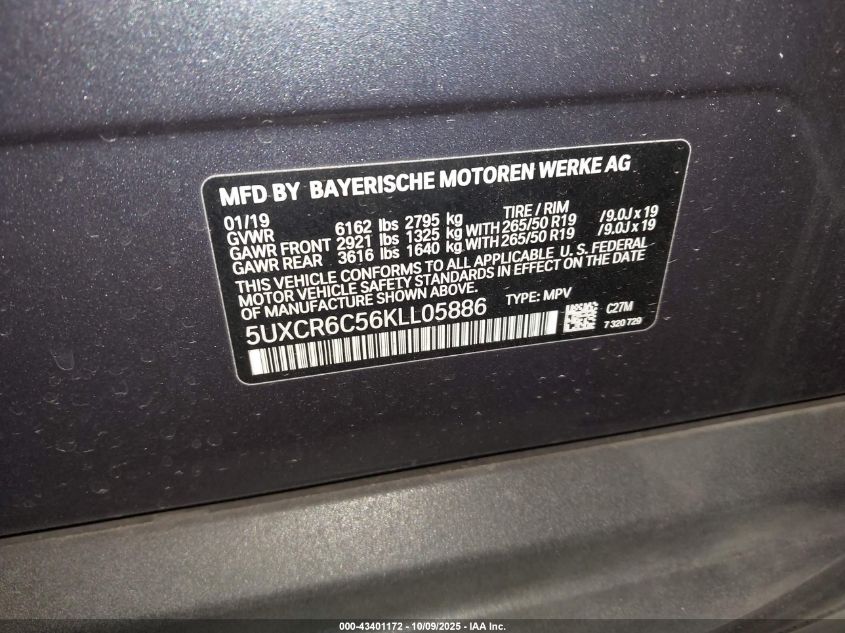 2019 BMW X5 xDrive40I VIN: 5UXCR6C56KLL05886 Lot: 43401172
