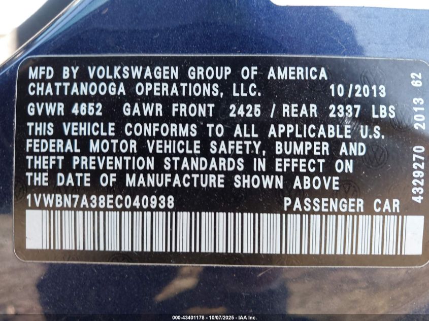 2014 Volkswagen Passat 2.0L Tdi Se VIN: 1VWBN7A38EC040938 Lot: 43401178