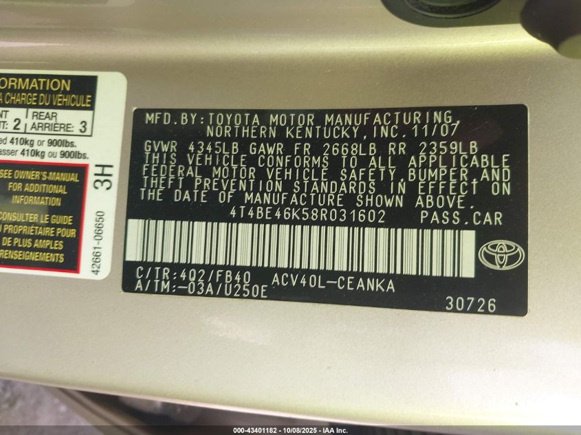 2008 Toyota Camry Le VIN: 4T4BE46K58R031602 Lot: 43401182