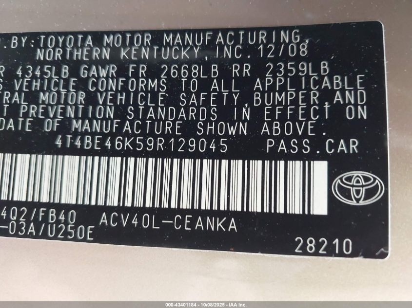 2009 Toyota Camry Le VIN: 4T4BE46K59R129045 Lot: 43401184