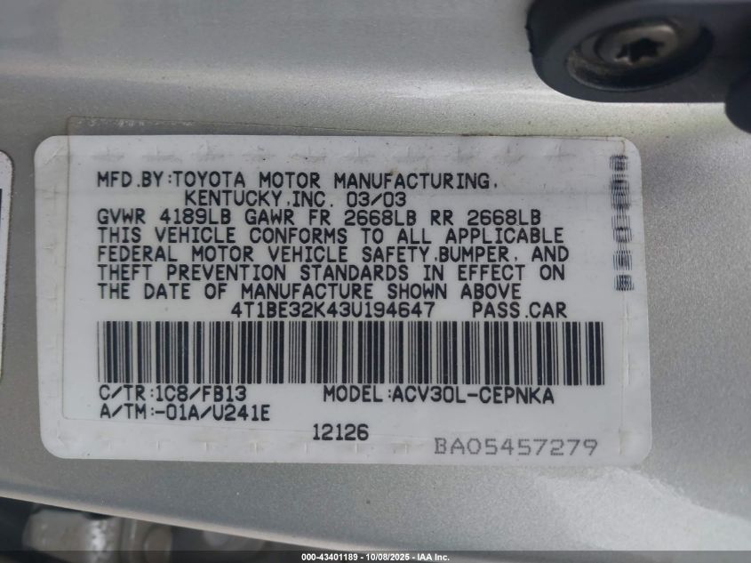 2003 Toyota Camry Le VIN: 4T1BE32K43U194647 Lot: 43401189