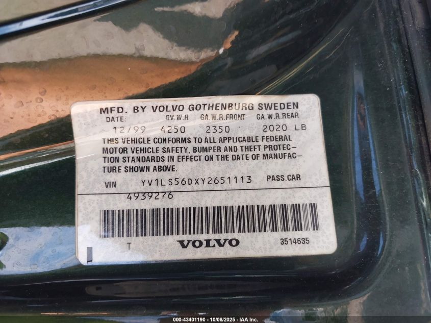 2000 Volvo S70 Glt/Glt Se VIN: YV1LS56DXY2651113 Lot: 43401190