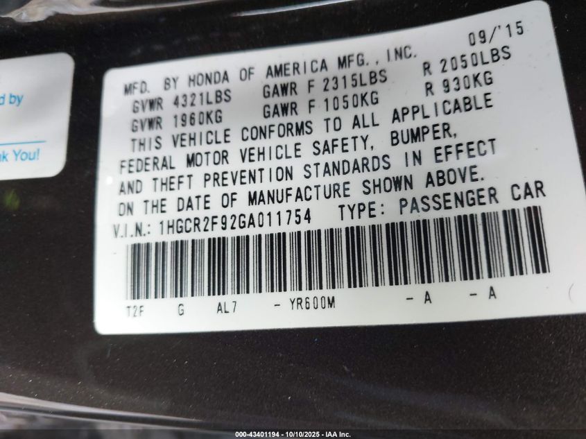 2016 Honda Accord Ex-L VIN: 1HGCR2F92GA011754 Lot: 43401194