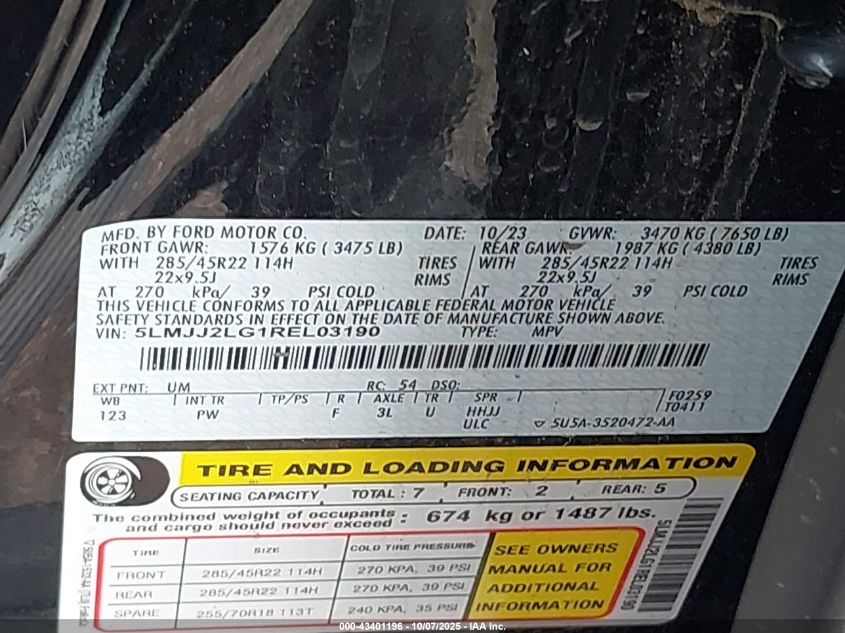 2024 Lincoln Navigator Reserve VIN: 5LMJJ2LG1REL03190 Lot: 43401196