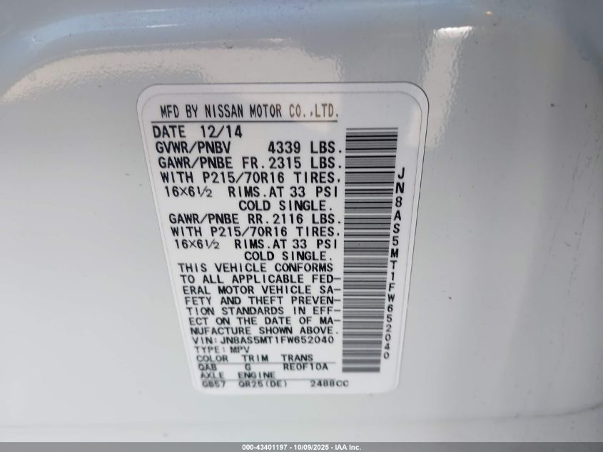 2015 Nissan Rogue Select S VIN: JN8AS5MT1FW652040 Lot: 43401197