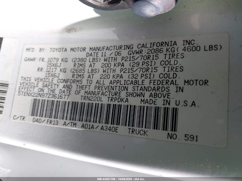 2007 Toyota Tacoma VIN: 5TENX22N97Z361677 Lot: 43401199