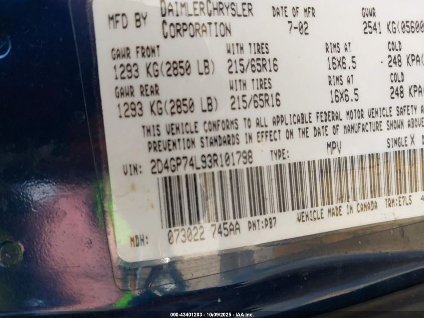 2003 Dodge Grand Caravan Ex VIN: 2D4GP74L93R101798 Lot: 43401203