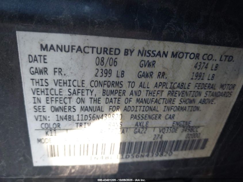 2006 Nissan Altima 3.5 Se VIN: 1N4BL11D56N439820 Lot: 43401209