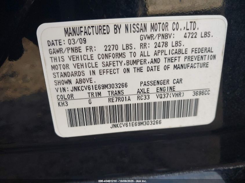 2009 Infiniti G37 Journey VIN: JNKCV61E69M303266 Lot: 43401210