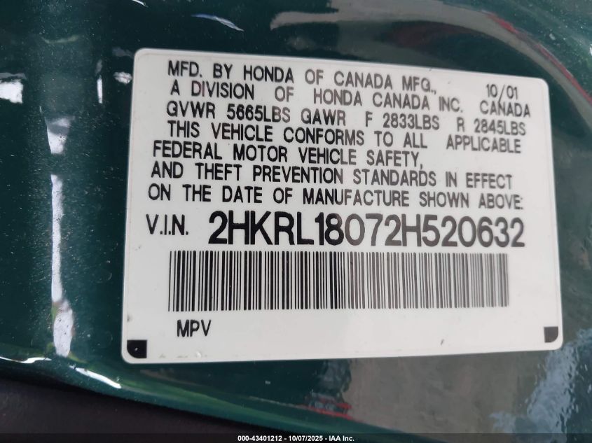 2002 Honda Odyssey Ex-L VIN: 2HKRL18072H520632 Lot: 43401212