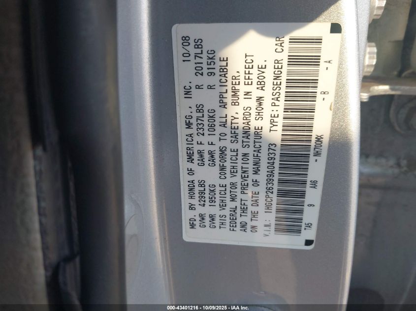 2009 Honda Accord 2.4 Lx VIN: 1HGCP26399A049373 Lot: 43401216
