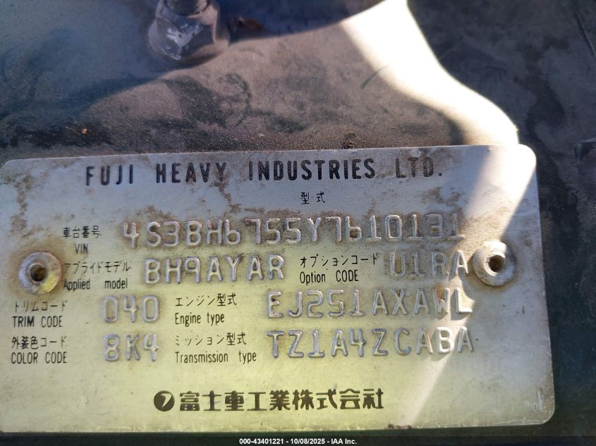 2000 Subaru Outback VIN: 4S3BH6755Y7610131 Lot: 43401221