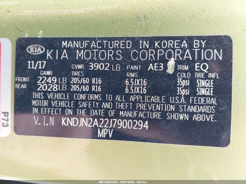 2018 Kia Soul VIN: KNDJN2A22J7900294 Lot: 43401235