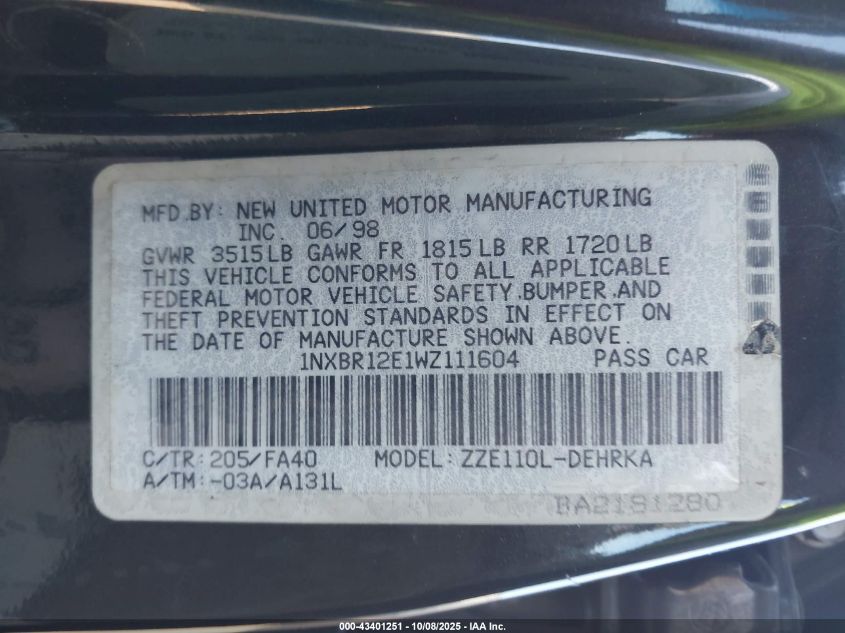 1998 Toyota Corolla Ve VIN: 1NXBR12E1WZ111604 Lot: 43401251