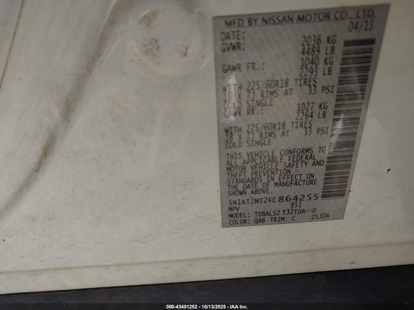 2015 Nissan Rogue Sl VIN: 5N1AT2MT2FC864255 Lot: 43401252