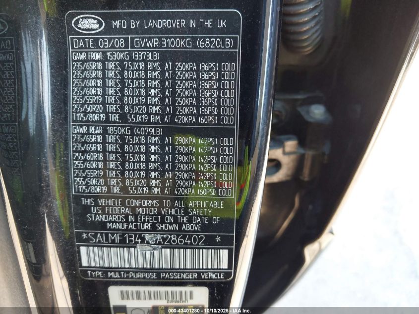 2008 Land Rover Range Rover Supercharged VIN: SALMF13478A286402 Lot: 43401280