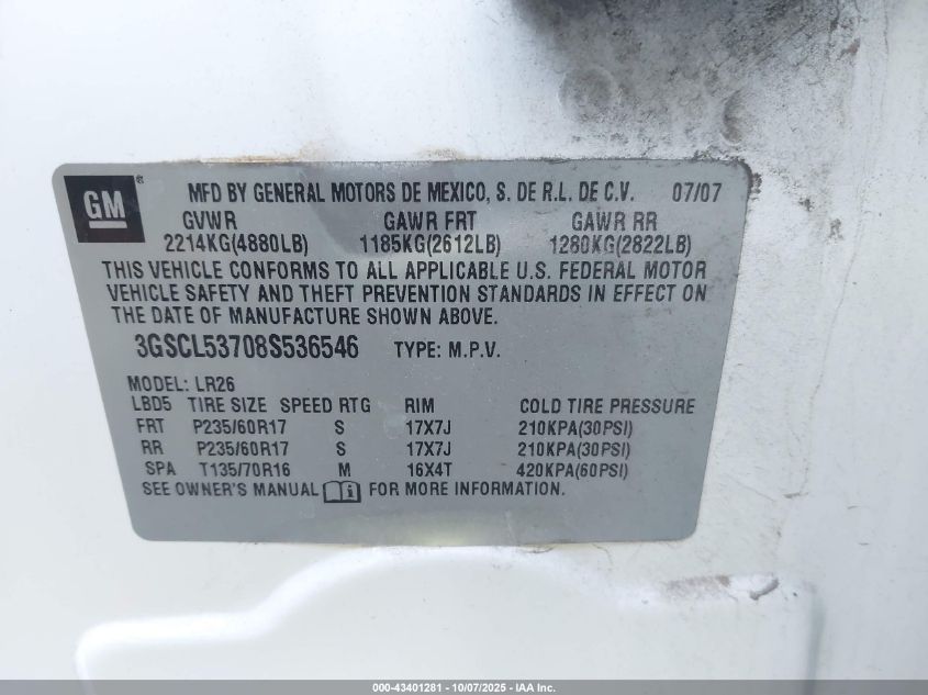 2008 Saturn Vue V6 Xr VIN: 3GSCL53708S536546 Lot: 43401281