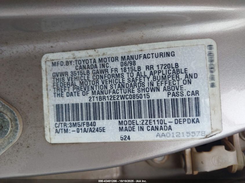 1998 Toyota Corolla Ce VIN: 2T1BR12E2WC085015 Lot: 43401286