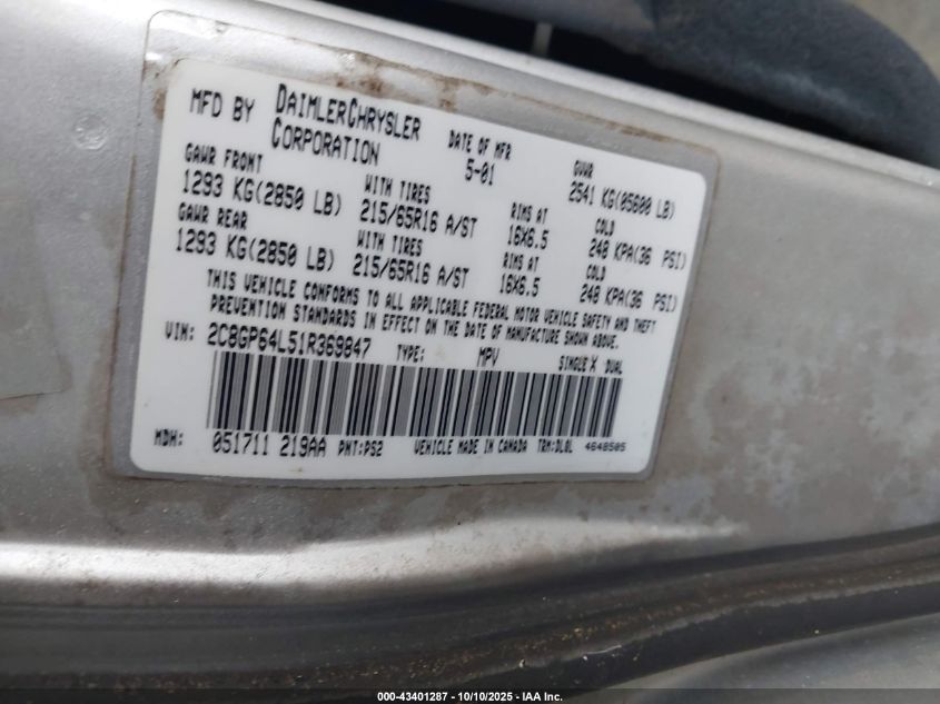 2001 Chrysler Town & Country Limited VIN: 2C8GP64L51R369847 Lot: 43401287