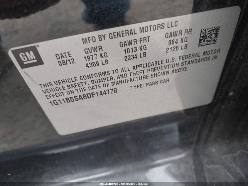 2013 Chevrolet Malibu 1Ls VIN: 1G11B5SA8DF144778 Lot: 43401289