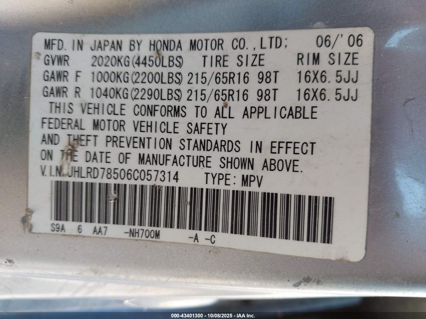 2006 Honda Cr-V Lx VIN: JHLRD78506C057314 Lot: 43401300