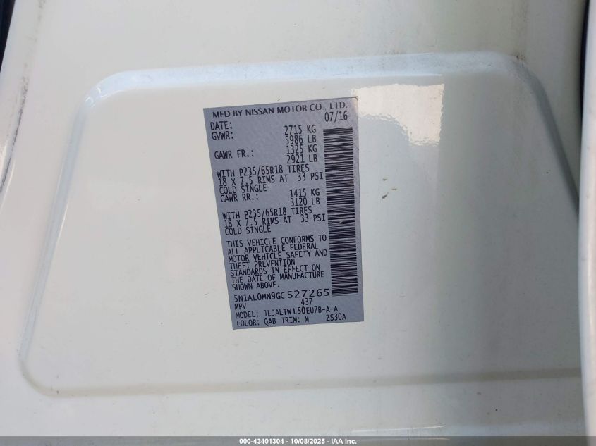 2016 Infiniti Qx60 VIN: 5N1AL0MN9GC527265 Lot: 43401304