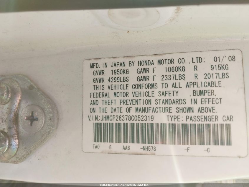 2008 Honda Accord 2.4 Lx VIN: JHMCP26378C052319 Lot: 43401307