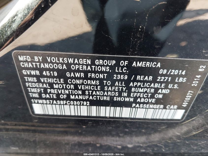 2015 Volkswagen Passat 1.8T Se VIN: 1VWBS7A38FC030792 Lot: 43401313